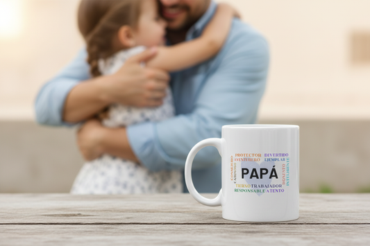 Mockup taza Día del Padre sobre mesa con padre e hija abrazándose desenfocados al fondo