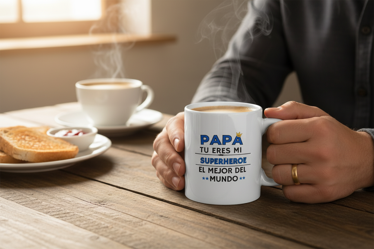 Mockup lifestyle taza Día del Padre sobre mesa de desayuno